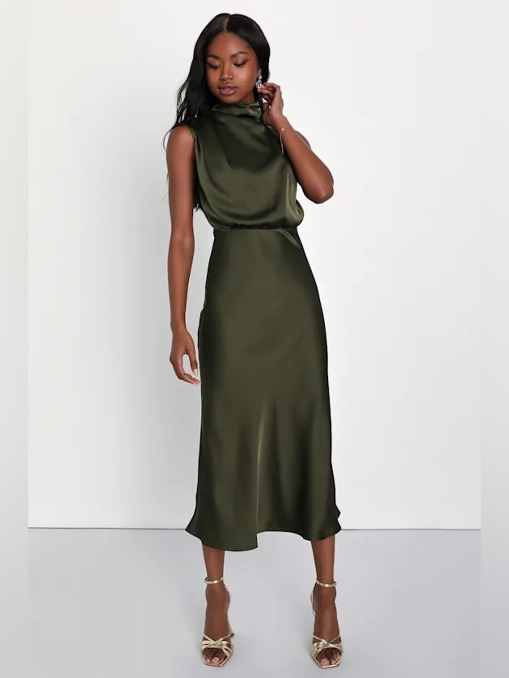 Lulus Distinctive Charm Olive Sleeveless Satin Midi Dress